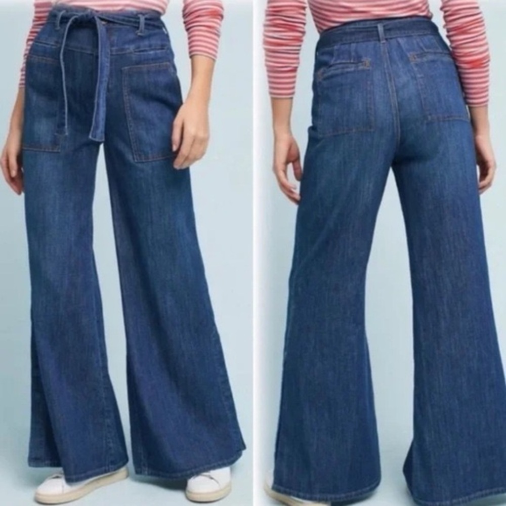 High-Waist Wide Leg Blue Denim Jeans with Tie Belt